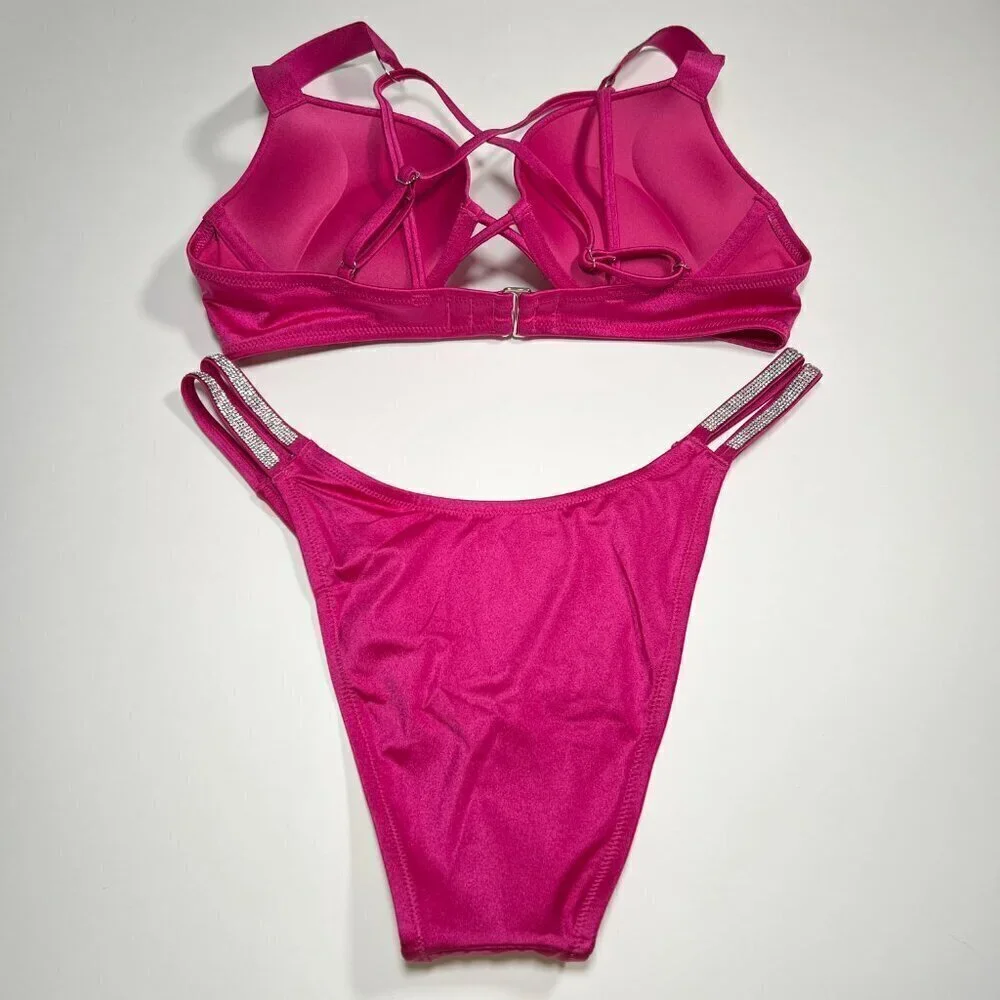 Victoria Secret 36A M Bombshell Push Up Bikini Top Set Shine Strap Berry Blush